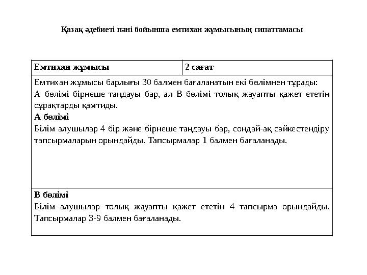 Емтихан жұмысы 2 сағат Емтихан жұмысы барлығы 30 балмен бағаланатын екі бөлімнен тұрады: А бөлімі бірнеше таңдауы бар, ал