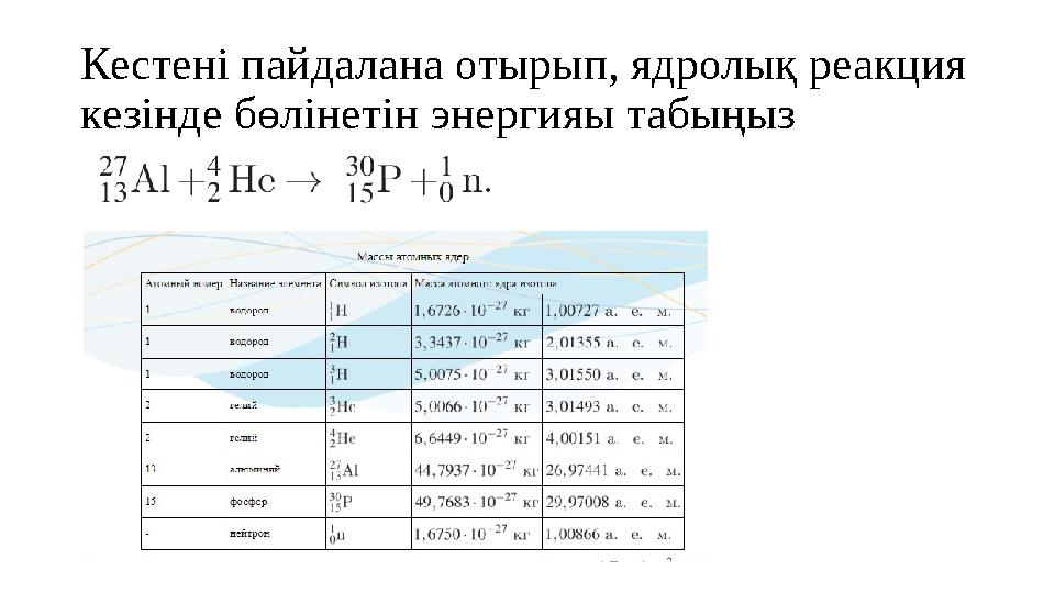 Кестені пайдалана отырып, ядролық реакция кезінде бөлінетін энергияы табыңыз