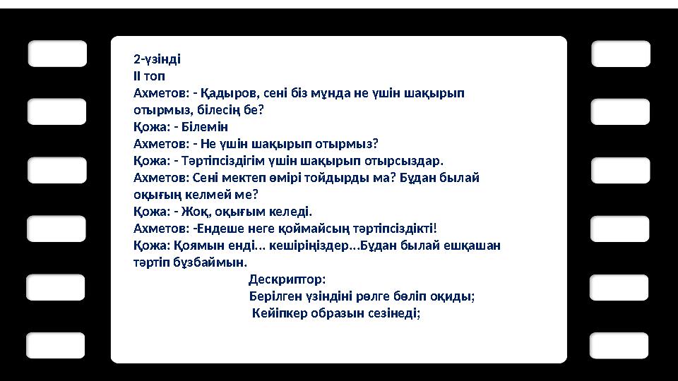 2-үзінді ІІ топ Ахметов: - Қадыров, сені біз мұнда не үшін шақырып отырмыз, білесің бе? Қожа: - Білемін Ахметов: - Не үшін шақ