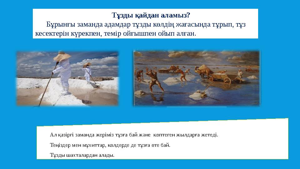 Тұзды қайдан аламыз? Бұрынғы заманда адамдар тұзды көлдің жағасында тұрып, тұз кесектерін күрекпен, темір ойғышпен ойып алған.