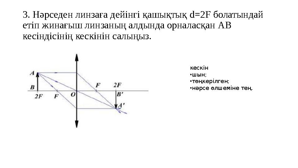 3. Нәрседен линзаға дейінгі қашықтық d=2F болатындай етіп жинағыш линзаның алдында орналасқан AB кесіндісінің кескінін салы