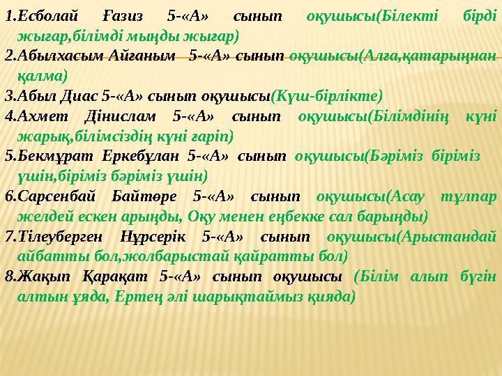 1. Есболай Ғазиз 5-«А» сынып оқушысы(Білекті бірді жығар,білімді мыңды жығар) 2. Абылхасым Айғаным 5-«А» сынып оқушысы(