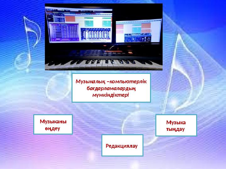 Музыкалық –компьютерлік бағдарламалардың мүмкіндіктері Музыканы өңдеу Редакциялау Музыка тыңдау