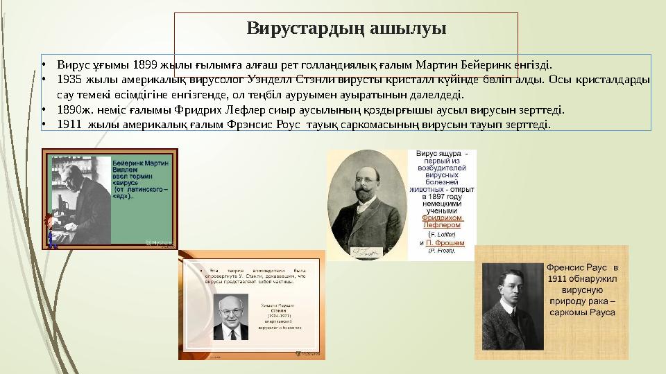 Вирустардың ашылуы • Вирус ұғымы 1899 жылы ғылымға алғаш рет голландиялық ғалым Мартин Бейеринк енгізді. • 1935 жылы америкал