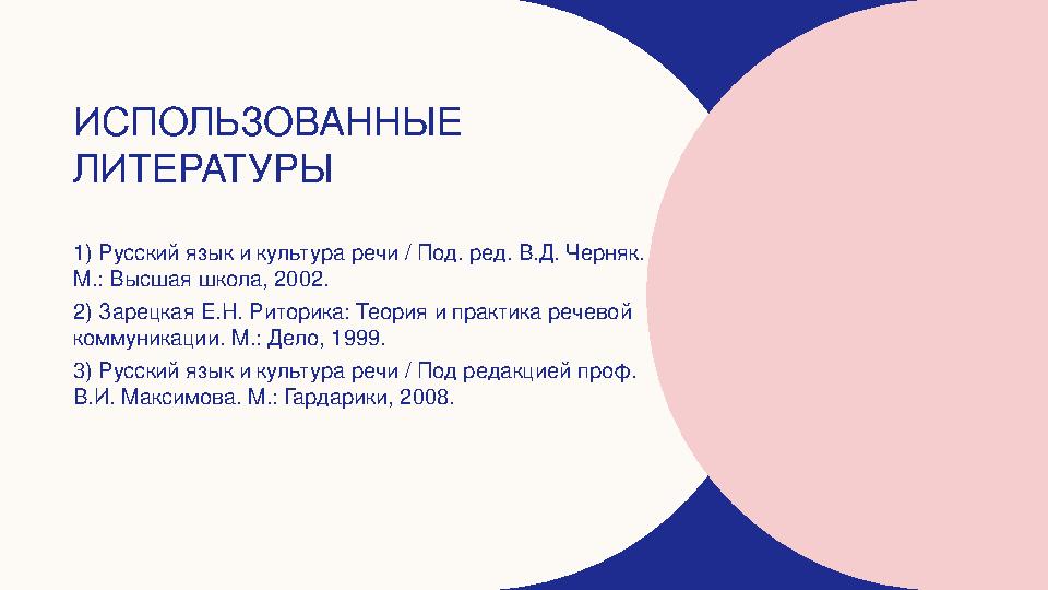 ИСПОЛЬЗОВАННЫЕ ЛИТЕРАТУРЫ 1) Русский язык и культура речи / Под. ред. В.Д. Черняк. М.: Высшая школа, 2002. 2) Зарецкая Е.Н. Рит