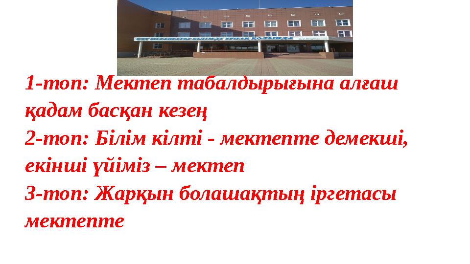 1-топ: Мектеп табалдырығына алғаш қадам басқан кезең 2-топ: Б ілім кілті - мектепте демекші, екінші үйіміз – мектеп 3-топ: Жар