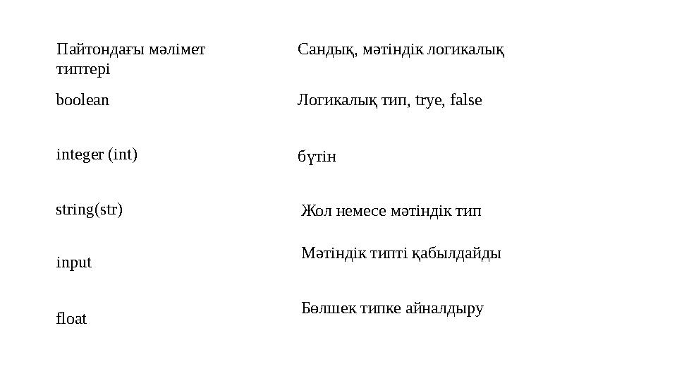 Пайтондағы мәлімет типтері boolean integer (int) string(str) input float Сандық, мәтіндік логикалық Логикалық тип, trye, false