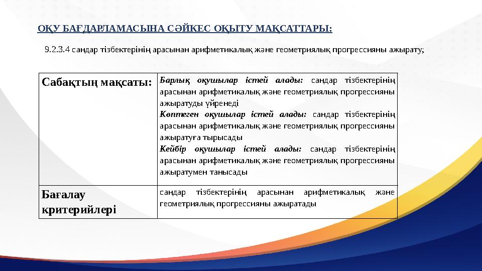 ОҚУ БАҒДАРЛАМАСЫНА СӘЙКЕС ОҚЫТУ МАҚСАТТАРЫ: 9.2.3.4 сандар тізбектерінің арасынан арифметикалық және геометриялық прогрессияны