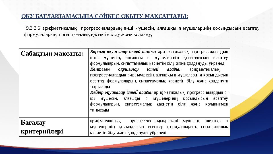 ОҚУ БАҒДАРЛАМАСЫНА СӘЙКЕС ОҚЫТУ МАҚСАТТАРЫ: 9.2.3.5 арифметикалық прогрессиялардың n- ші мүшесін, алғашқы n мүшелерін