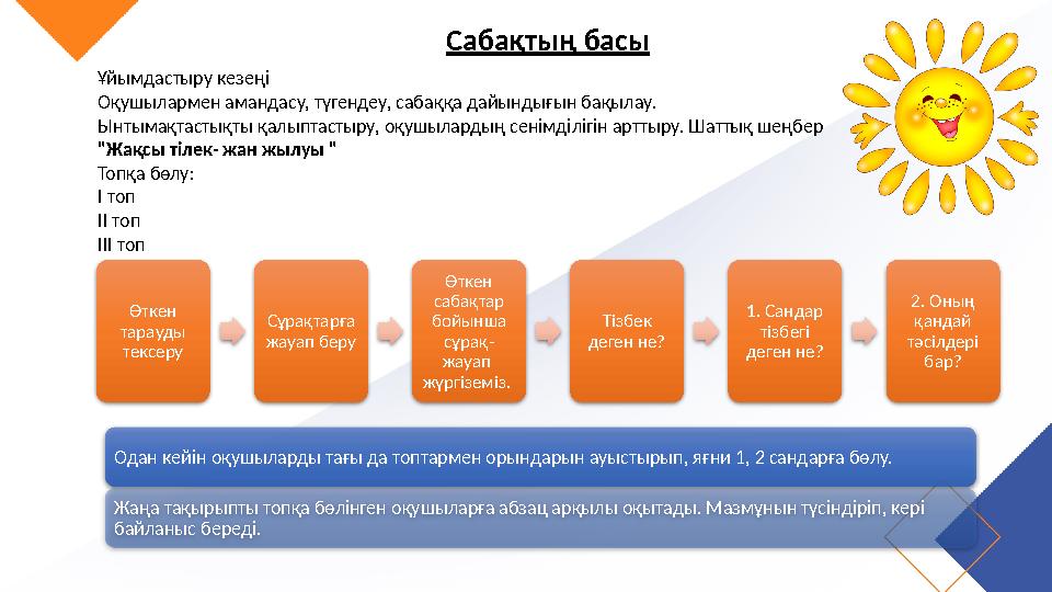 Сабақтың басы Ұйымдастыру кезеңі Оқушылармен амандасу, түгендеу, сабаққа дайындығын бақылау. Ынтымақтастықты қалыптастыру, оқушы