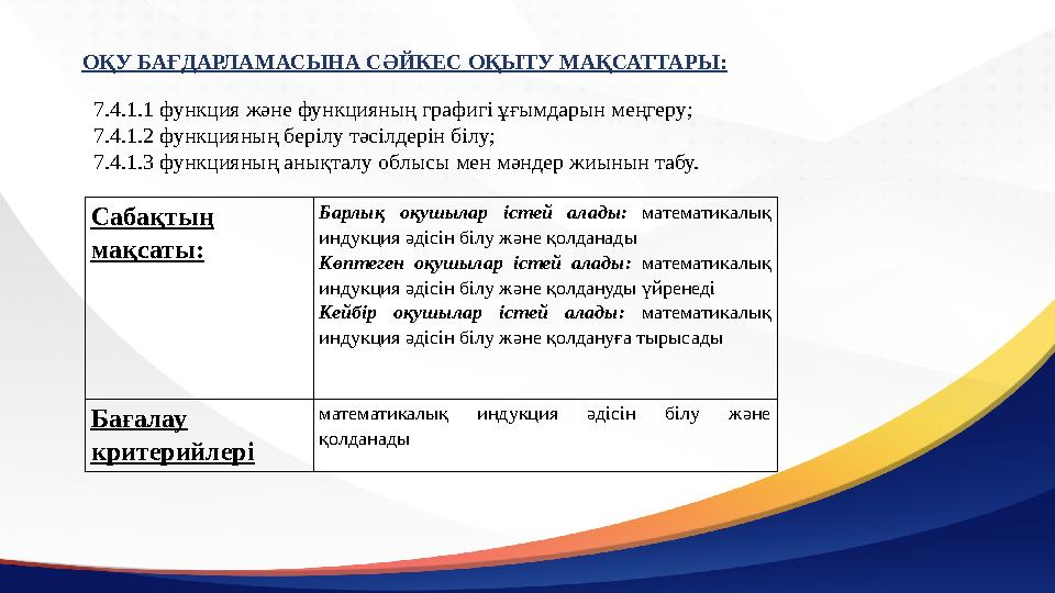 ОҚУ БАҒДАРЛАМАСЫНА СӘЙКЕС ОҚЫТУ МАҚСАТТАРЫ: 7.4.1.1 функция және функцияның графигі ұғымдарын меңгеру; 7.4.1.2 функцияның беріл