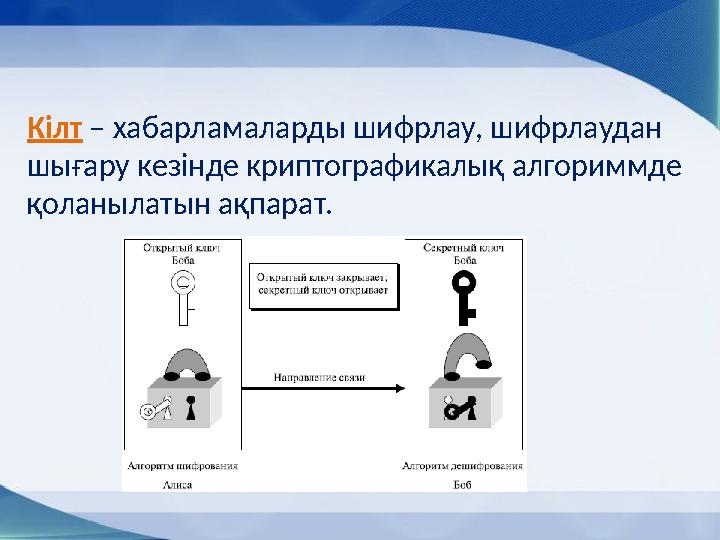 Кілт – хабарламаларды шифрлау, шифрлаудан шығару кезінде криптографикалық алгориммде қоланылатын ақпарат.