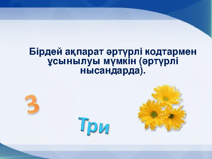 Бірдей ақпарат әртүрлі кодтармен ұсынылуы мүмкін (әртүрлі нысандарда).