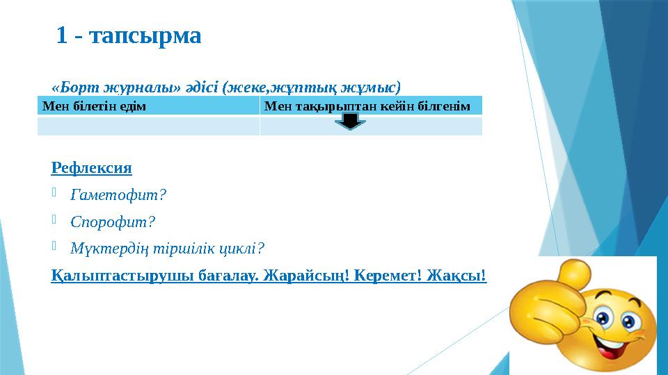 1 - тапсырма «Борт журналы» әдісі (жеке,жұптық жұмыс) Рефлексия - Гаметофит? - Спорофит? - Мүктердің тіршілік циклі? Қалыптасты