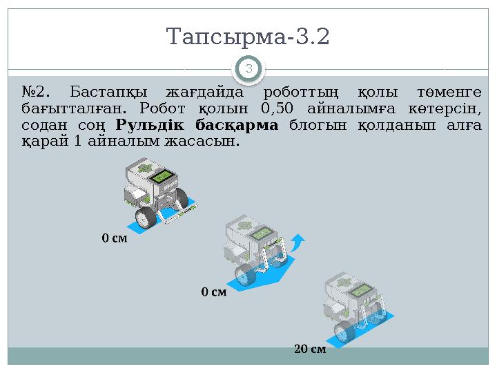 3Тапсырма -3.2 № 2. Бастапқы жағдайда роботтың қолы төменге бағытталған . Робот қолын 0,50 айналымға көтерсін, содан