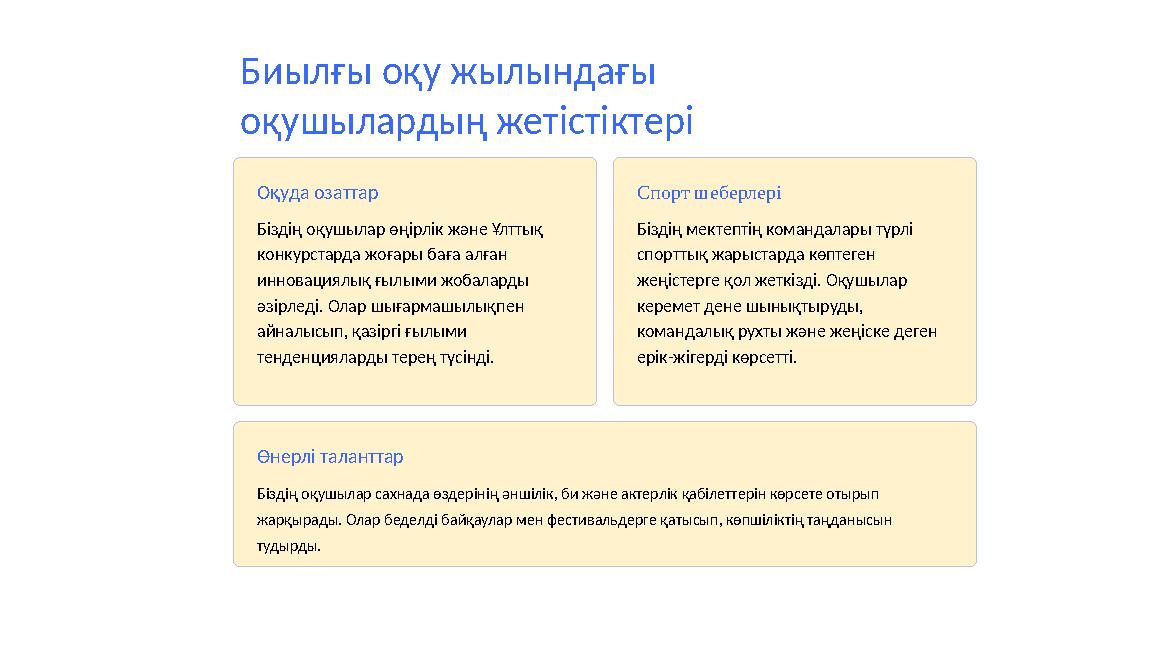 Биылғы оқу жылындағы оқушылардың жетістіктері Оқуда озаттар Біздің оқушылар өңірлік және Ұлттық конкурстарда жоғары баға алған