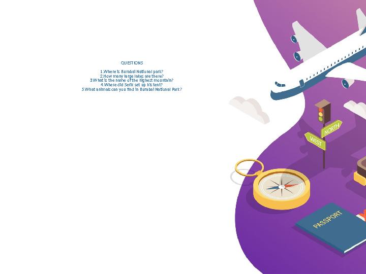 QUESTIONS 1.Where is Burabai National park? 2.How many large lakes are there? 3.What is the name of the highest mountain? 4.Wher