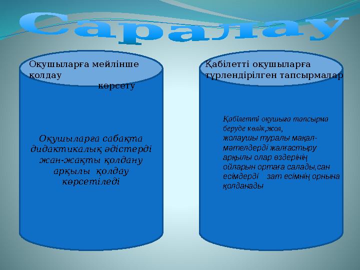 Оқушыларға сабақта дидактикалық әдістерді жан-жақты қолдану арқылы қолдау көрсетіледіОқушыларға мейлінше қолдау