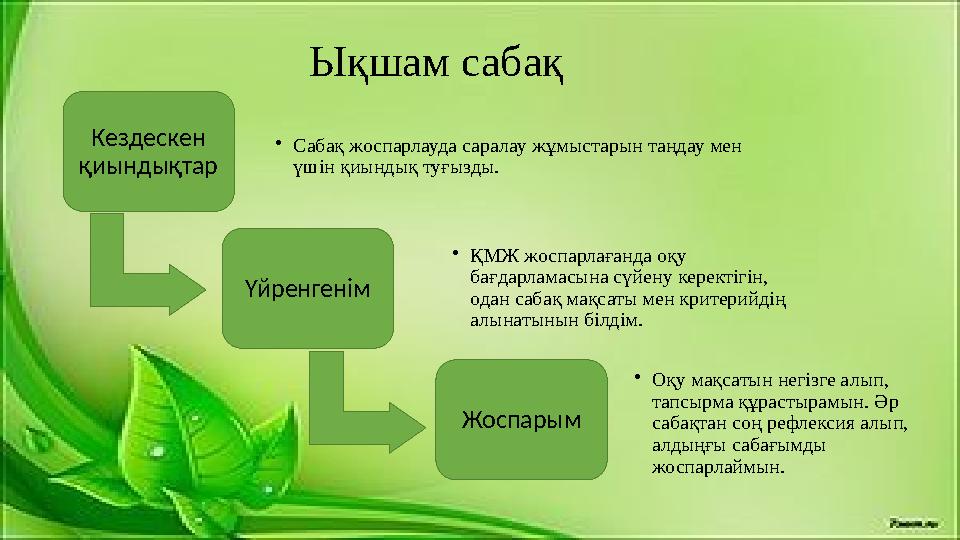 Кездескен қиындықтар • Сабақ жоспарлауда саралау жұмыстарын таңдау мен үшін қиындық туғызды. Үйренгенім • ҚМЖ жоспарлағанда