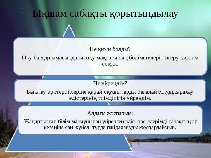 Не қиын болды? Оқу бағдарламасындағы оқу мақсатының бөлімшелерін игеру қиынға соқты. Не үйрендім? Бағалау критерийлеріне қарай