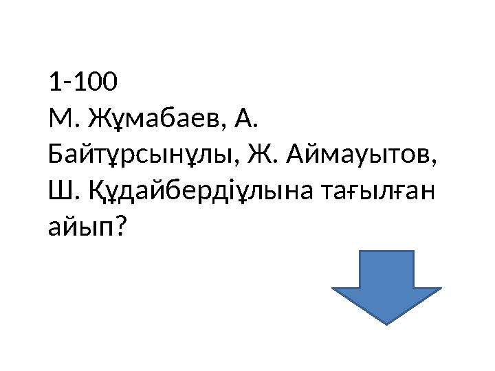 1-100 М. Жұмабаев, А. Байтұрсынұлы, Ж. Аймауытов, Ш. Құдайбердіұлына тағылған айып?