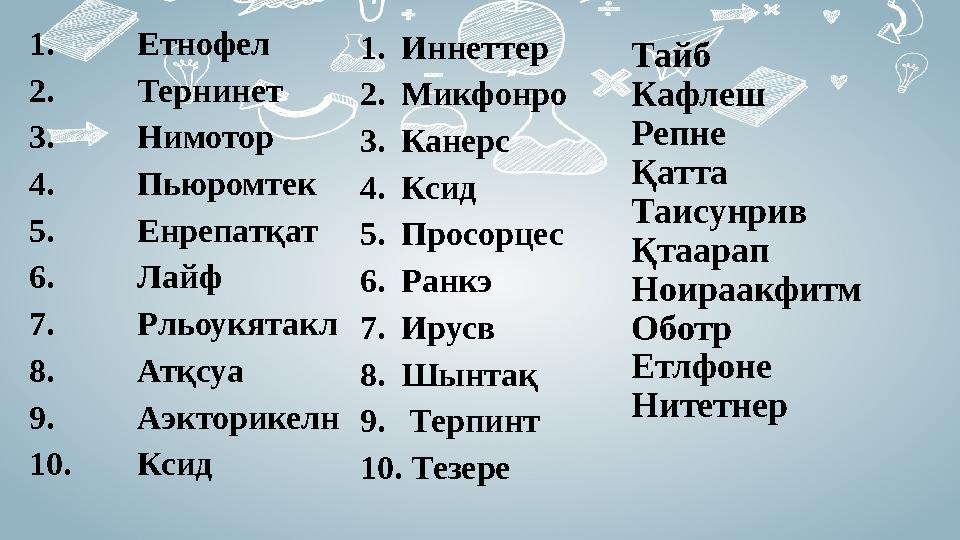 Тайб Кафлеш Репне Қатта Таисунрив Қтаарап Ноираакфитм Оботр Етлфоне Нитетнер 1. Етнофел 2. Тернинет 3. Нимотор 4. Пью