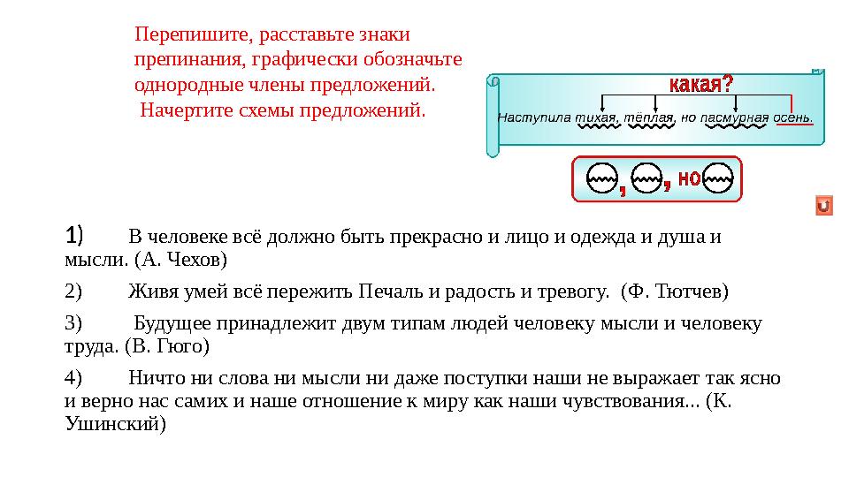 1) В человеке всё должно быть прекрасно и лицо и одежда и душа и мысли. (А. Чехов) 2) Живя умей всё пережить Печаль и радость и