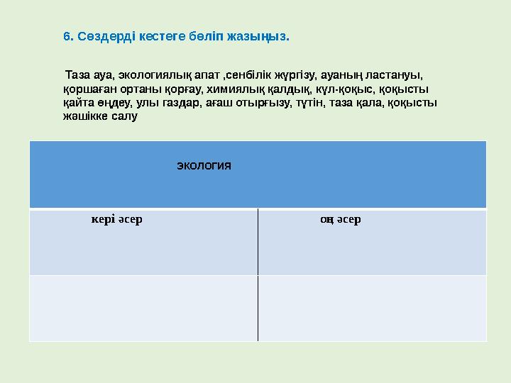 6. Сөздерді кестеге бөліп жазыңыз. Таза ауа, экологиялық апат ,сенбілік жүргізу, ауаның ластануы, қоршаған ортаны қорғау, хи