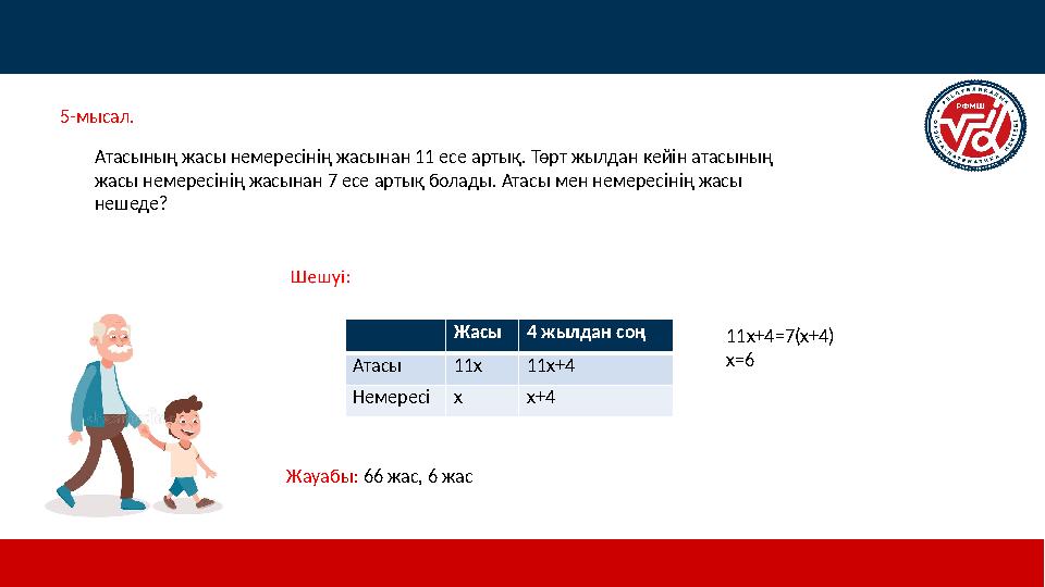 5-мысал. Атасының жасы немересінің жасынан 11 есе артық. Төрт жылдан кейін атасының жасы немересінің жасынан 7 есе артық болад