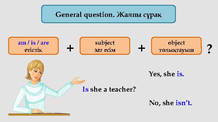 General question. Жалпы сұрақ Is she a teacher?am / is / are етістік subject зат есім object толықтауыш+ + ? Yes, she is.