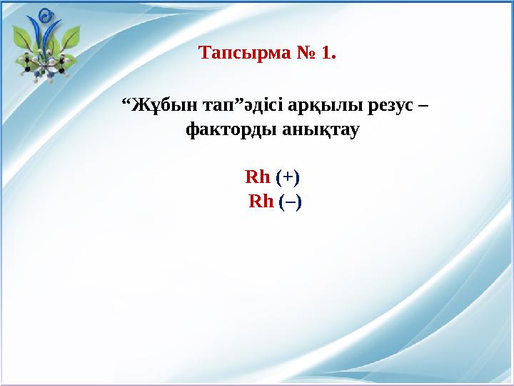 Тапсырма № 1. “ Жұбын тап”әдісі арқылы резус – факторды анықтау Rh ( + ) Rh ( – )