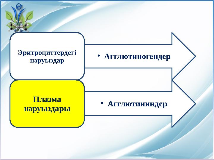 Эритроциттердегі нәруыздар • Агглютиногендер Плазма нәруыздары • Агглютининдер