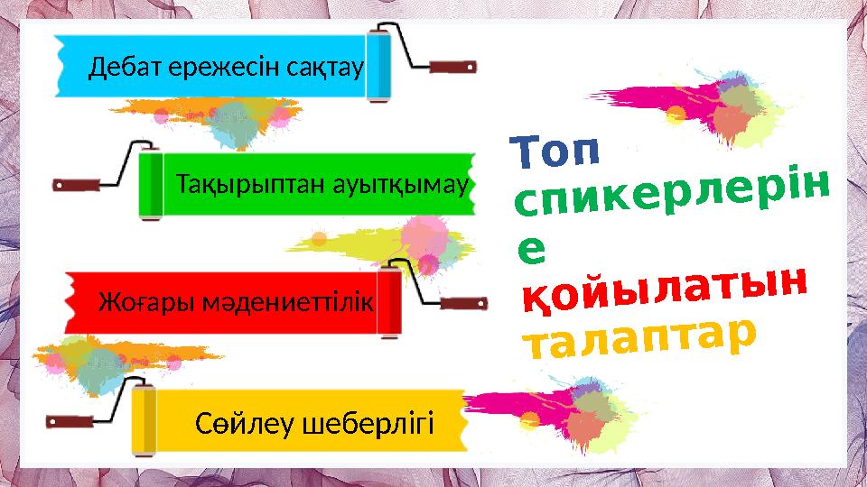 Т о п с п и к е р л е р і н е қ о й ы л а т ы н т а л а п т а рДебат ережесін сақтау Тақырыптан ауытқымау Сөйлеу шебер