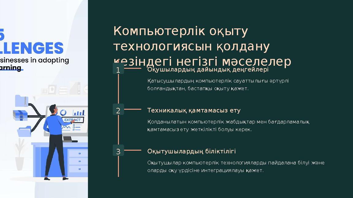 Компьютерлік оқыту технологиясын қолдану кезіндегі негізгі мәселелер 1 Оқушылардың дайындық деңгейлері Қатысушылардың компьюте