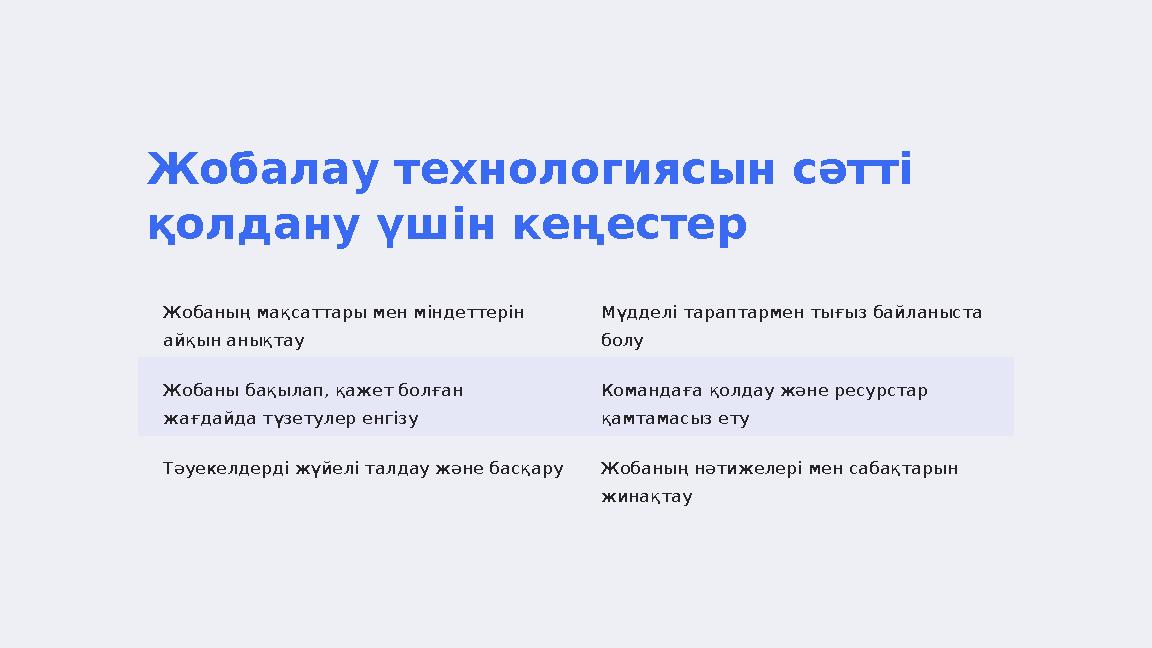 Жобалау технологиясын сәтті қолдану үшін кеңестер Жобаның мақсаттары мен міндеттерін айқын анықтау Мүдделі тараптармен тығыз б