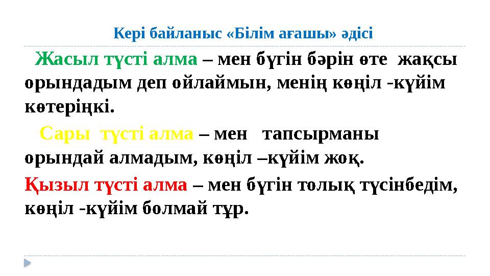 Кері байланыс « Білім ағашы» әдісі Жасыл түсті алма – мен бүгін бәрін өте жақсы орындадым деп ойлаймын, менің көңіл -күй