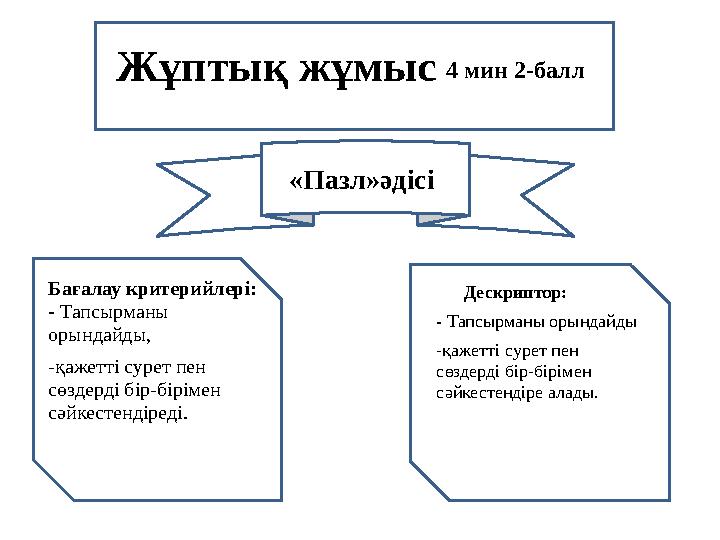 Жұптық жұмыс 4 мин 2-балл «Пазл»әдісі Бағалау критерийлері: - Тапсырманы орындайды, -қажетті сурет пен сөздерді бір-біріме