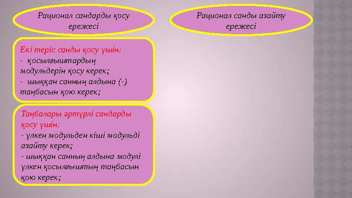 Екі теріс санды қосу үшін: - қосылғыштардың модульдерін қосу керек; - шыққан санның алдына (-) таңбасын қою керек; Таңбалары