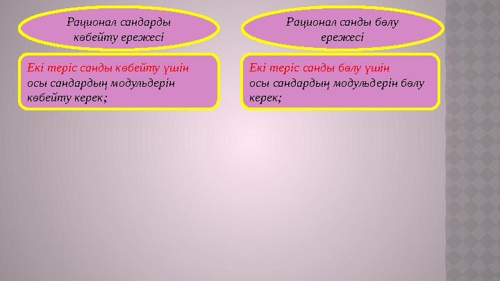 Екі теріс санды көбейту үшін осы сандардың модульдерін көбейту керек; Рационал сандарды көбейту ережесі Екі теріс санды бөлу ү