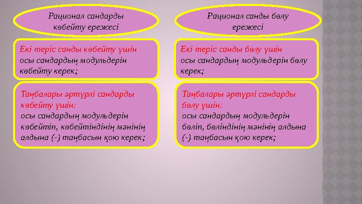 Екі теріс санды көбейту үшін осы сандардың модульдерін көбейту керек; Таңбалары әртүрлі сандарды көбейту үшін: осы сандардың м