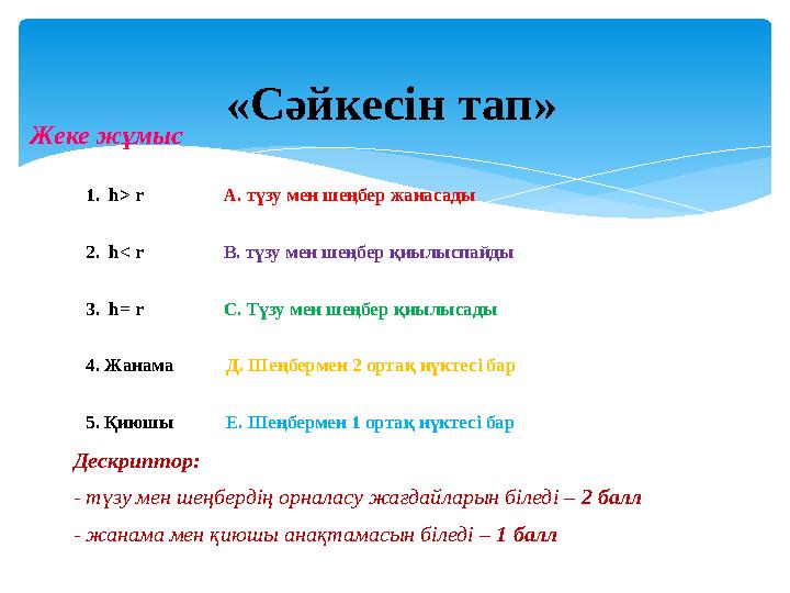 1. h> r А. түзу мен шеңбер жанасады 2. h< r В. түзу мен шеңбер қиылыспайды 3. h= r