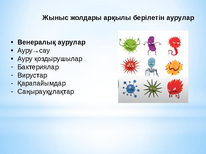 Жыныс жолдары арқылы берілетін аурулар •Венералық аурулар •Ауру→сау •Ауру қоздырушылар -Бактериялар -Вирустар -Қарапайымдар -Саң