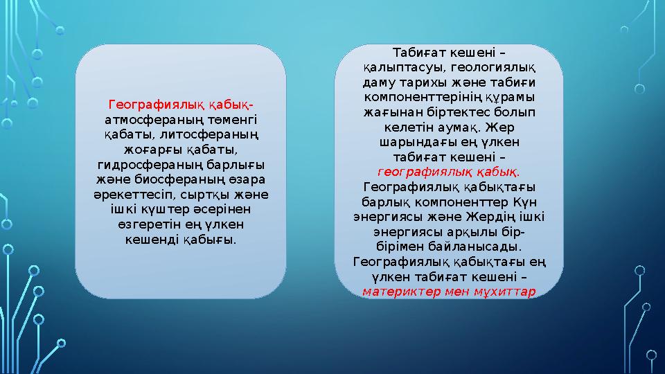 Географиялық қабық- атмосфераның төменгі қабаты, литосфераның жоғарғы қабаты, гидросфераның барлығы және биосфераның өзара