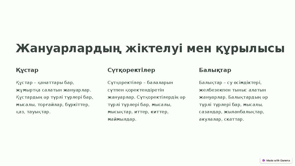 Жануарлардың жіктелуі мен құрылысы Құстар Құстар – қанаттары бар, жұмыртқа салатын жануарлар. Құстардың әр түрлі түрлері бар,