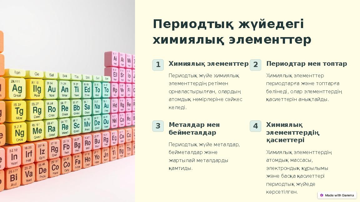 Периодтық жүйедегі химиялық элементтер 1Химиялық элементтер Периодтық жүйе химиялық элементтердің ретімен орналастырылған, ол