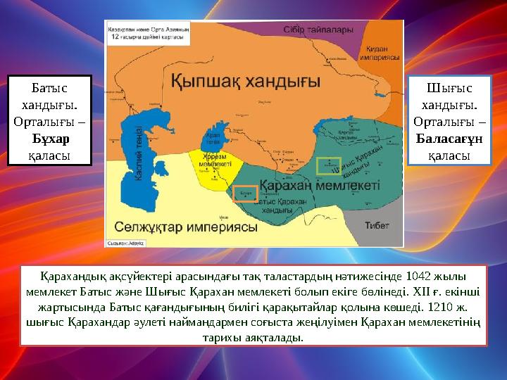 Батыс хандығы. Орталығы – Бұхар қаласы Шығыс хандығы. Орталығы – Баласағұн қаласы Қарахандық ақсүйектері арасындағы тақ