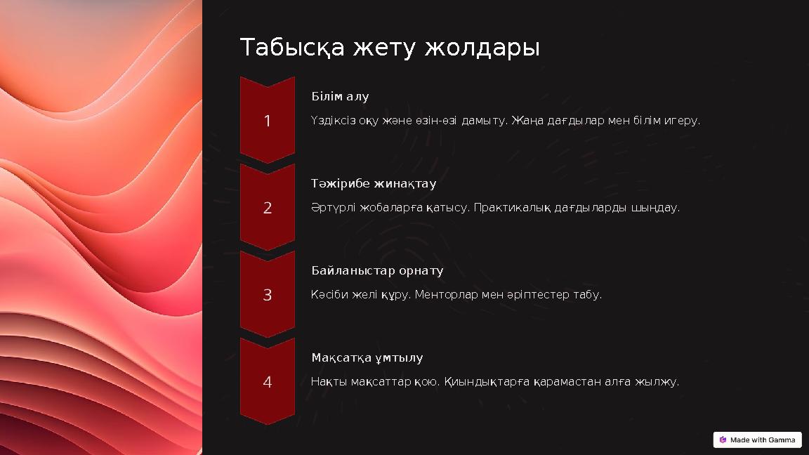 Табысқа жету жолдары Білім алу Үздіксіз оқу және өзін-өзі дамыту. Жаңа дағдылар мен білім игеру. Тәжірибе жинақтау Әртүрлі жоба