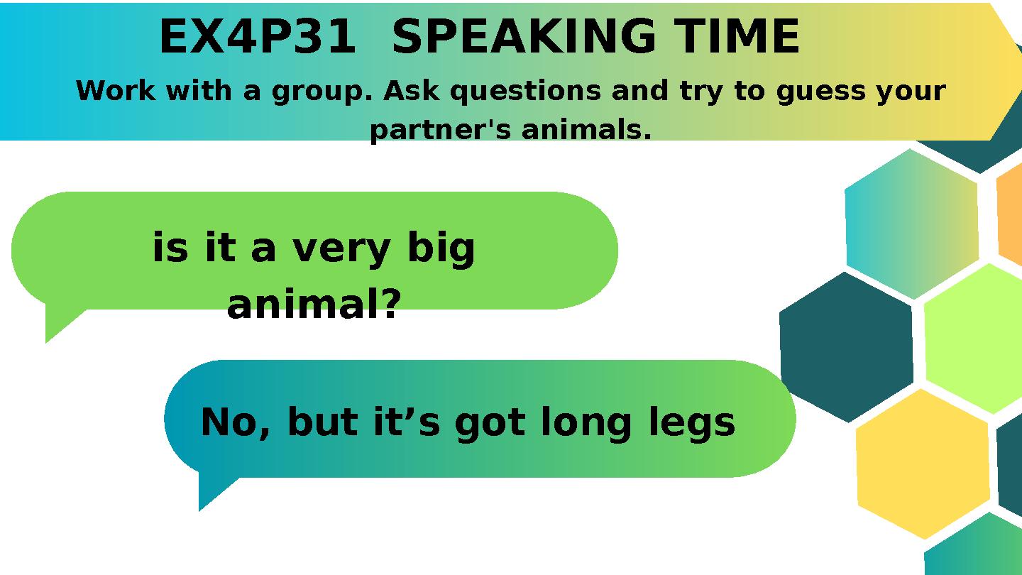 EX4P31 SPEAKING TIME Work with a group. Ask questions and try to guess your partner's animals. is it a very big animal? No, b