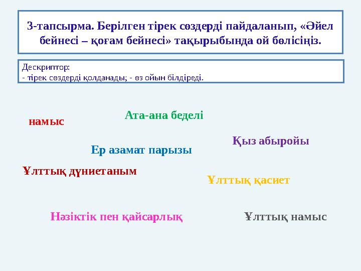 3-тапсырма. Берілген тірек сөздерді пайдаланып, «Әйел бейнесі – қоғам бейнесі» тақырыбында ой бөлісіңіз. Дескриптор: - тірек