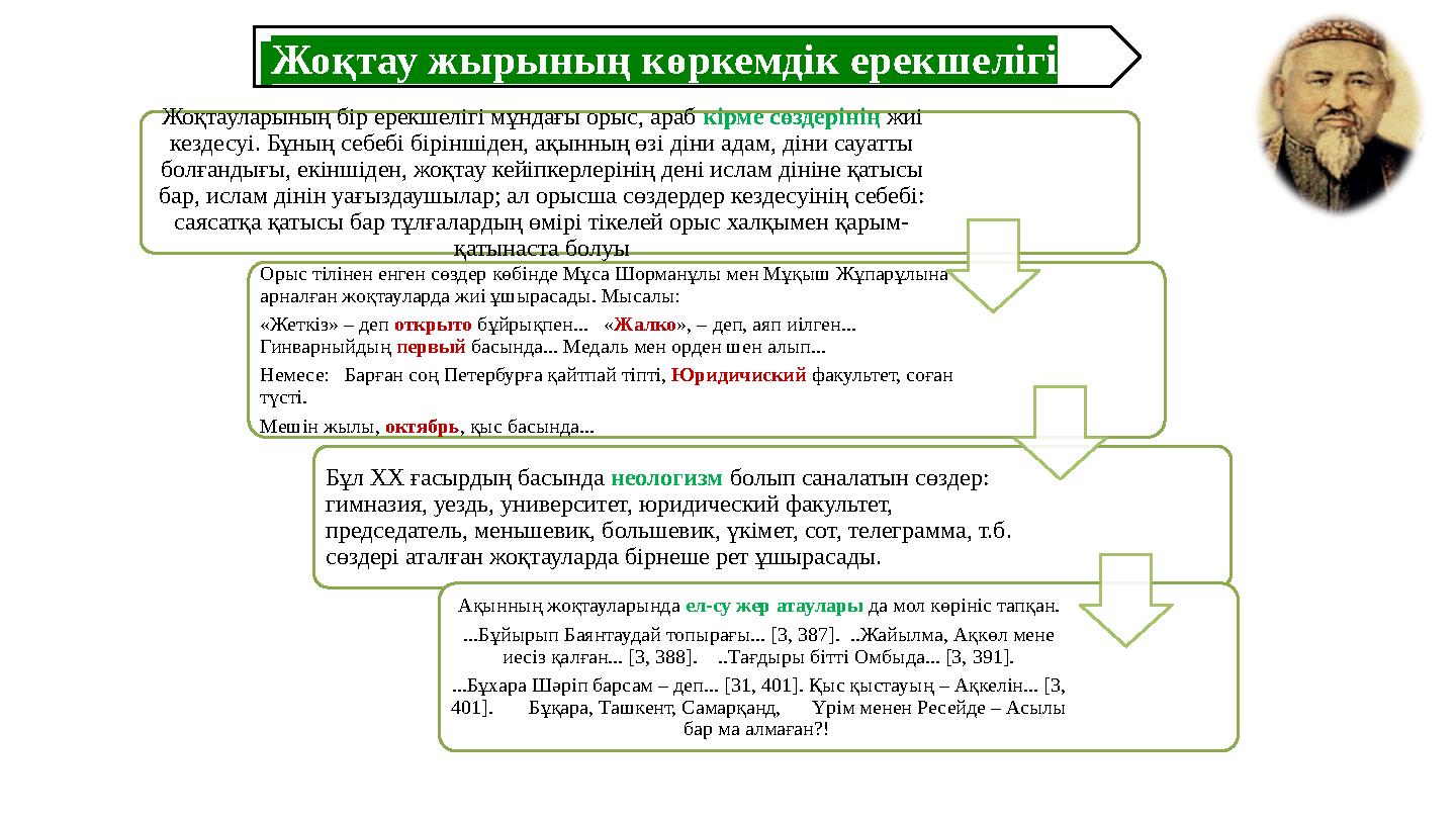Жоқтау жырының көркемдік ерекшелігі Жоқтауларының бір ерекшелігі мұндағы орыс, араб кірме сөздерінің жиі кездесуі. Бұның себеб